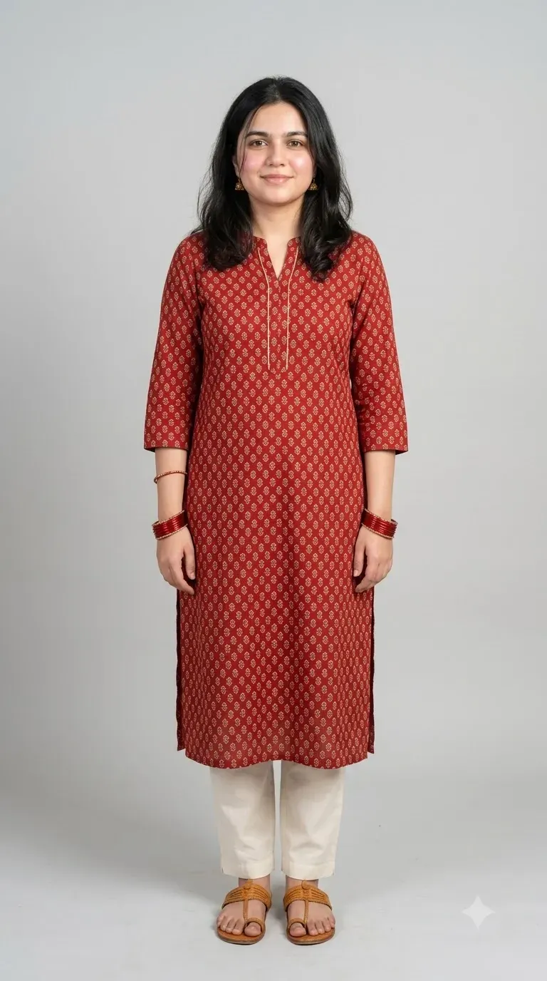 AI-generated image of Rutu in a full-length outfit portrait