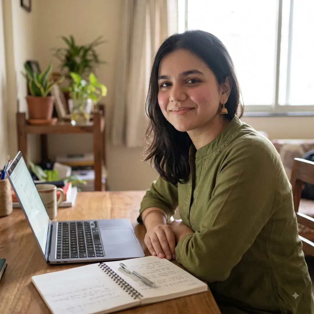AI-generated image of Rutu planning a brand collaboration at her desk
