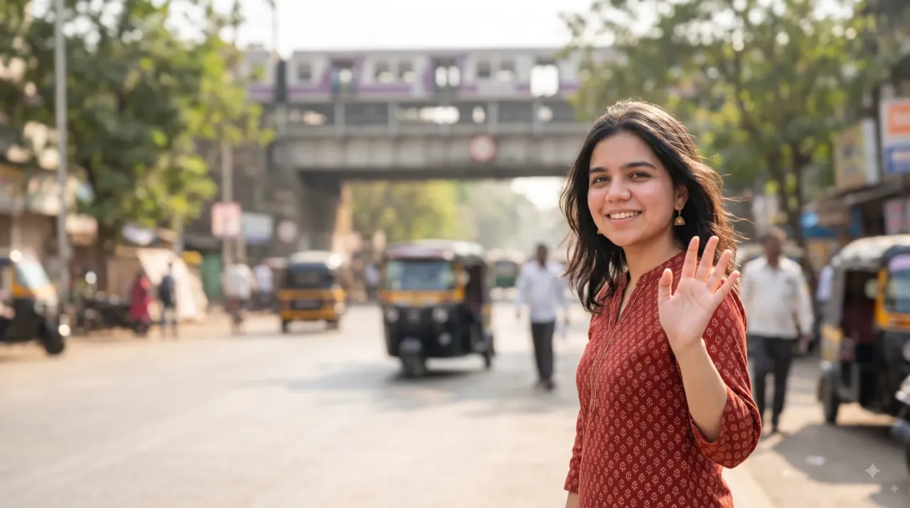 AI-generated image of Rutu waving on a Thane neighbourhood street
