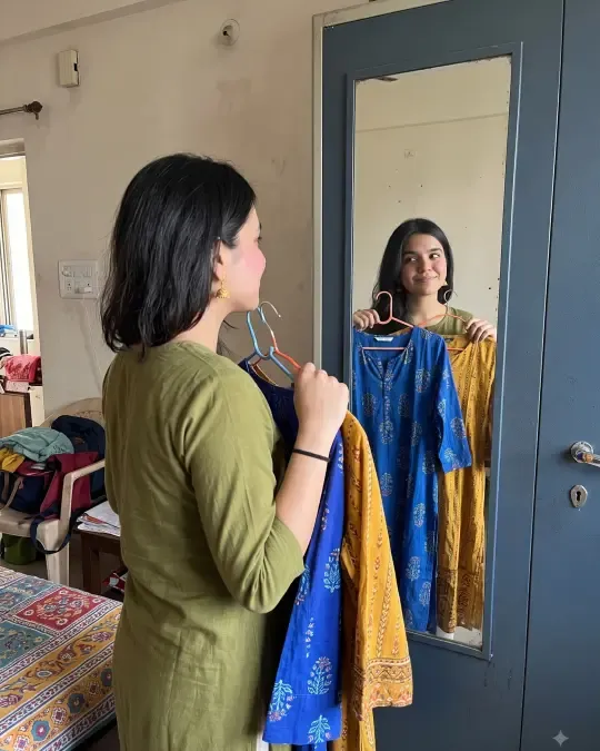 AI-generated image of Rutu holding two kurtas in front of an almirah mirror