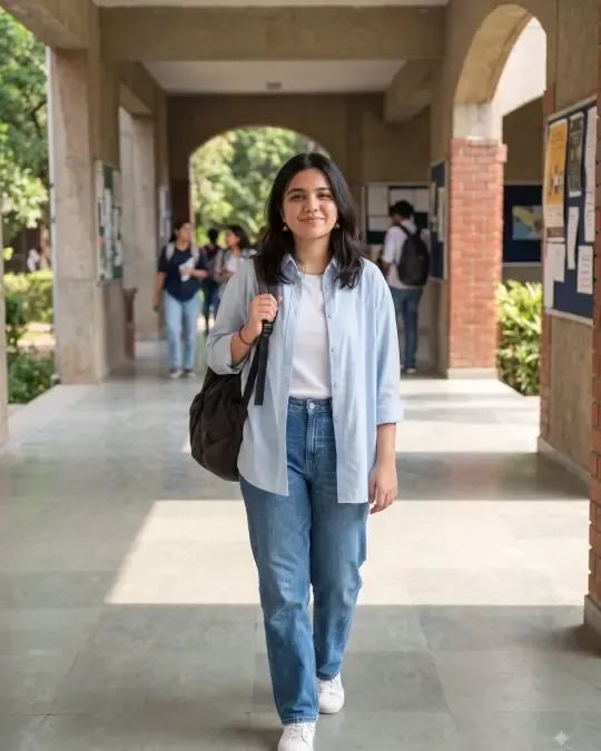 AI-generated image of Rutu in a light blue shirt over a white tee with jeans in a college corridor