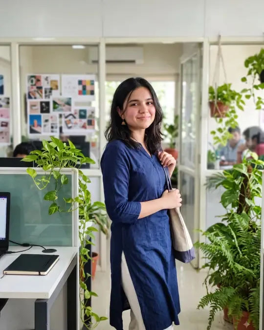AI-generated image of Rutu in a navy straight kurta and white trousers in an office