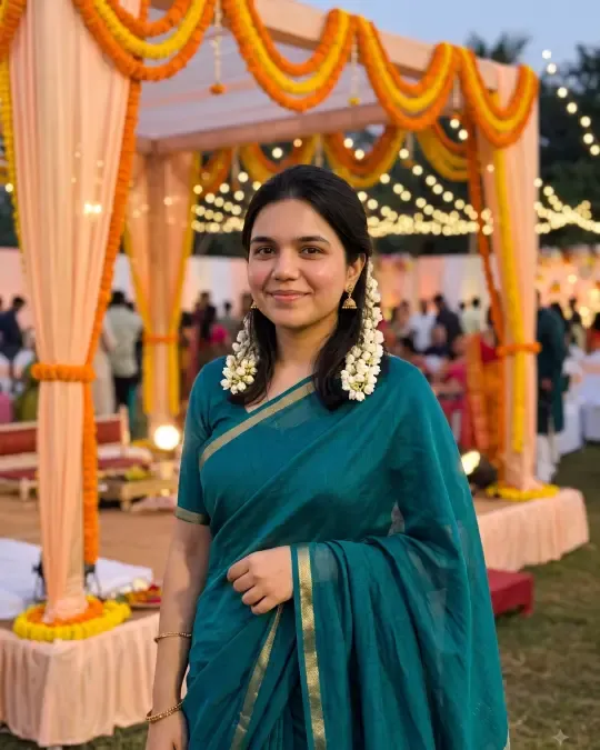 AI-generated image of Rutu in a teal saree with gold border at a decorated mandap