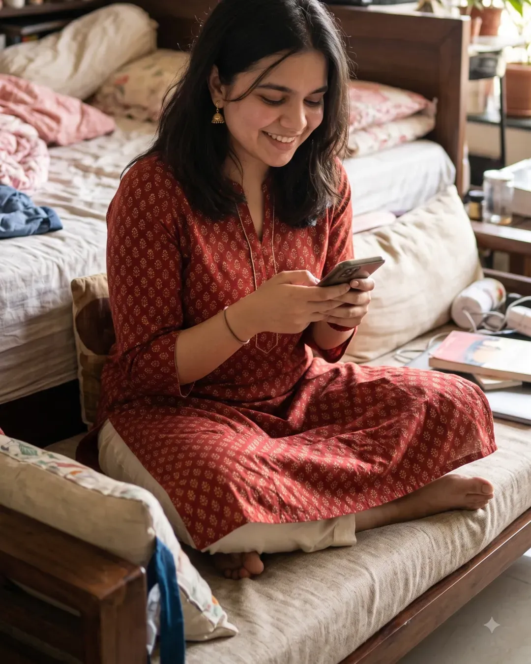AI-generated image of Rutu sharing fashion finds on her phone at home